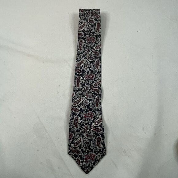 BALENCIAGA PARIS Neck Tie Red Beige Blue Paisley Silk 58" USA Made Vintage - Picture 2 of 7